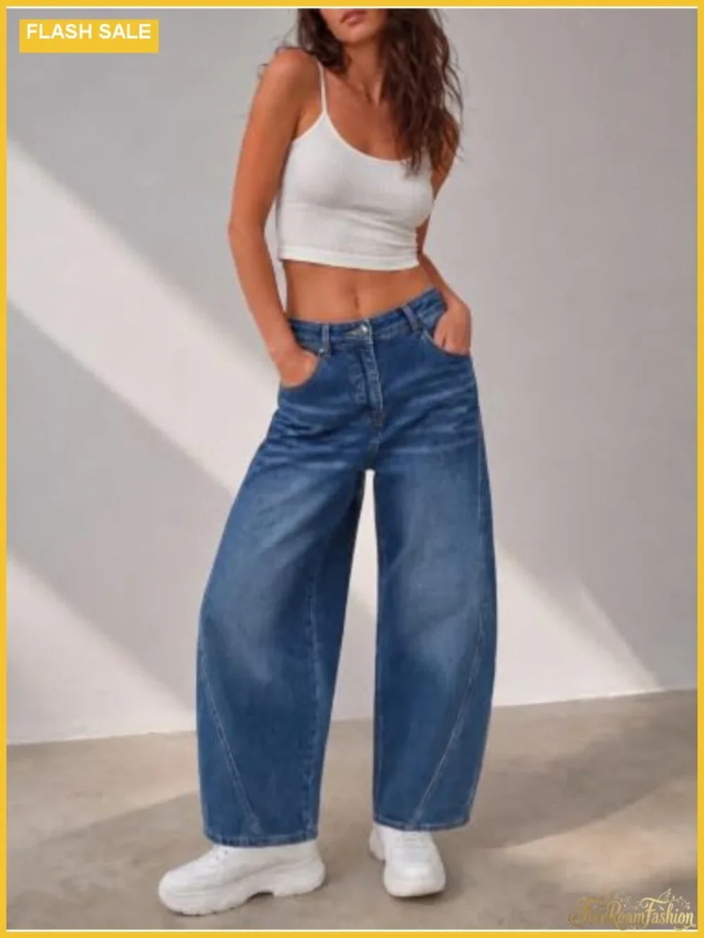 Womens Wide Leg Baggy Cropped Jeans High Waist Stretch Denim Pants